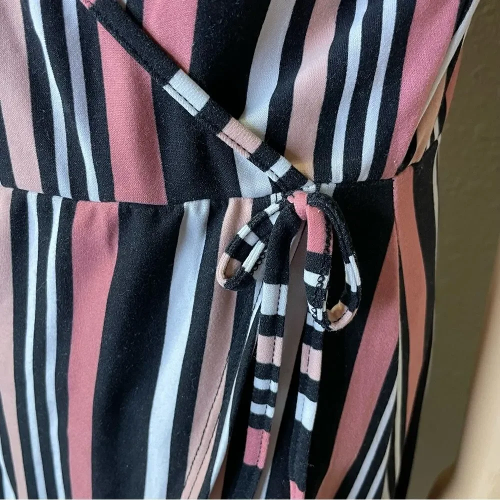 Bobbie Brooks Striped Faux Wrap MIDI Dress Mauve White Black Peach Size Large